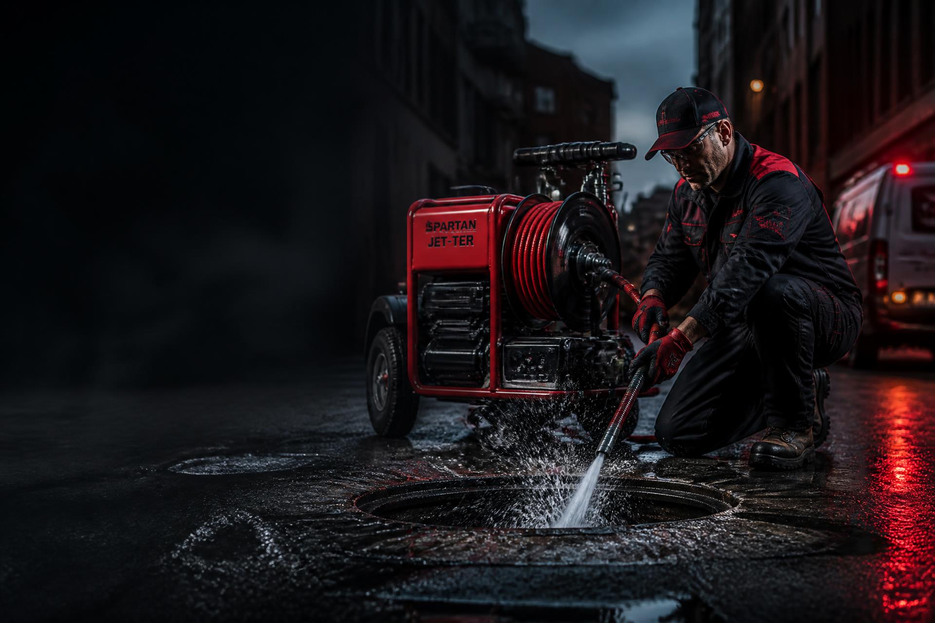 Técnico da Desentupidora Lamari usando equipamento de desentupimento